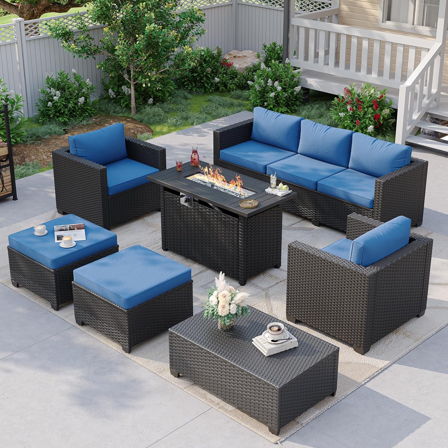 Outdoor Furniture With Fire Pit - Sofá Seccional Azul Marino para Exteriores